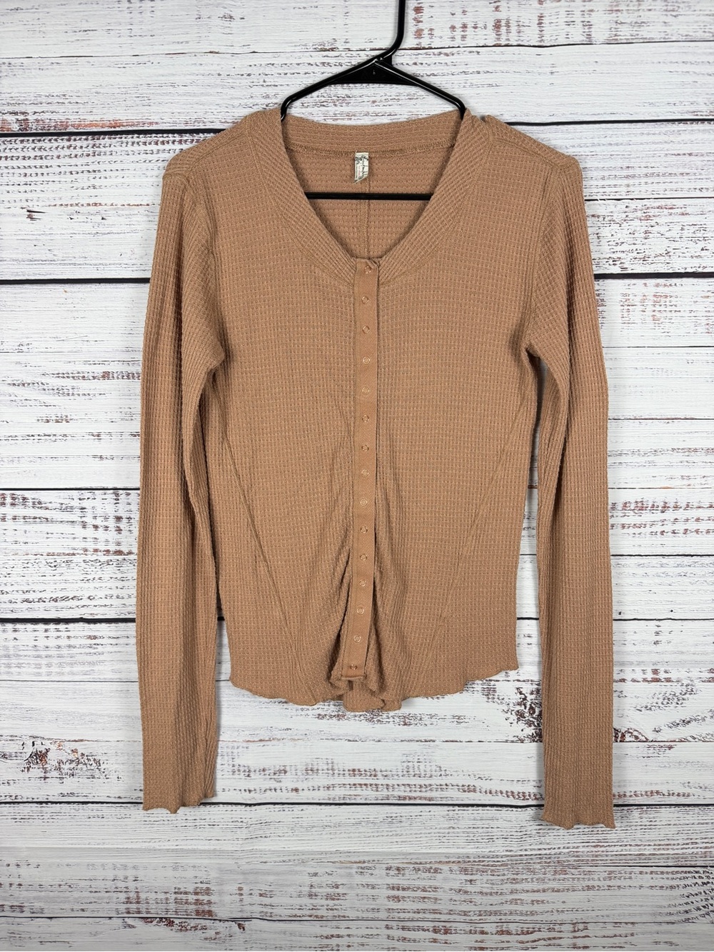 Free People Button-Front Waffle Knit Long Sleeve Top - Camel Tan